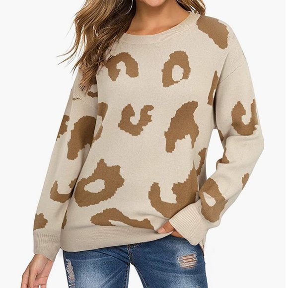 Casual Leopard Print Sweater Loose Long Sleeve Crew Neck Knit Pullover Tops - Picture 2 of 5